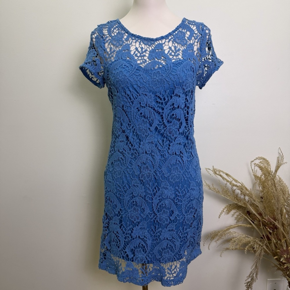 LC Lauren Conrad Womens Size 10 Turquoise Short Sleeve Crochet Lined Mini Dress
